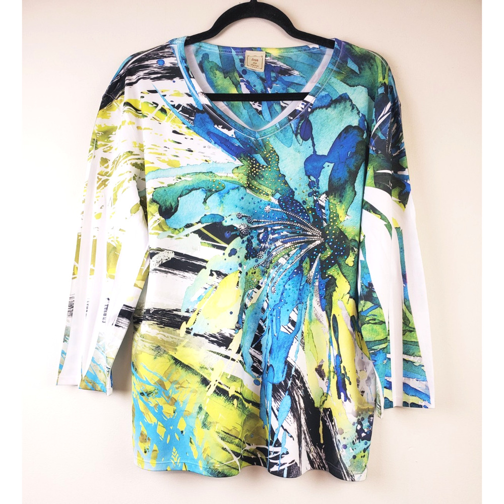 Jess & Jane‎ Womens Large Top Lagenlook Floral Bohemian White Abstract Colorful - Picture 9 of 9